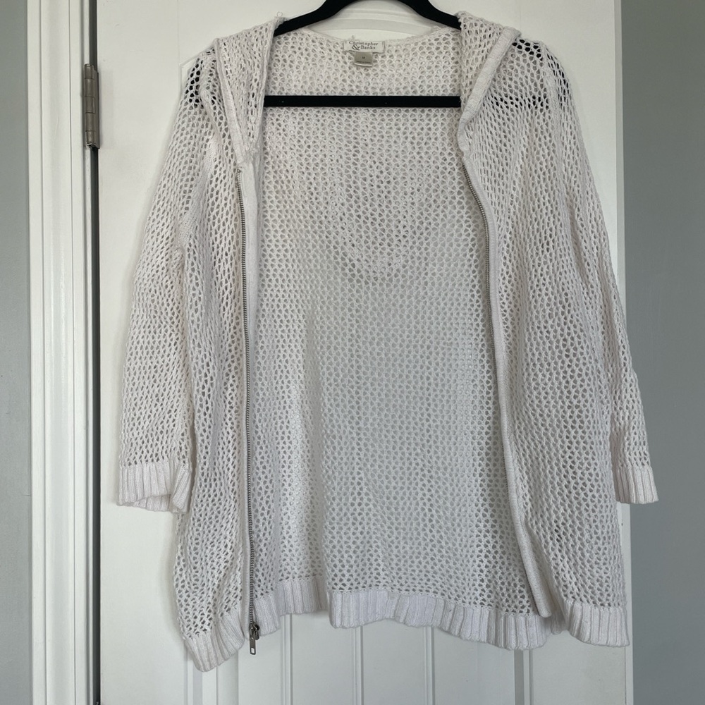 Christopher & Banks White Open Knit Hooded Cardigan Medium Zip Lightweight